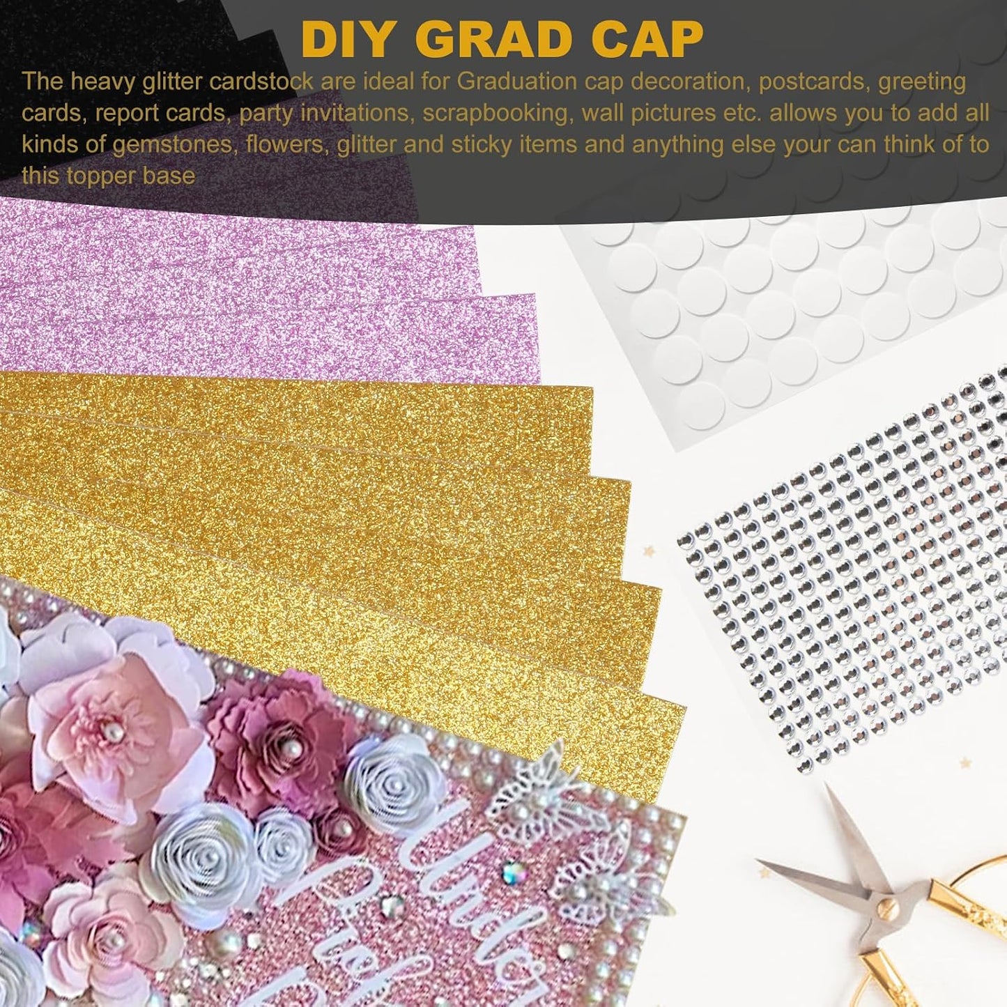 Graduation Cap Decorations Kit - 12 Pcs Glitter Cardstock & 4 Pcs Gemstone Stickers | DIY Grad Cap Toppers