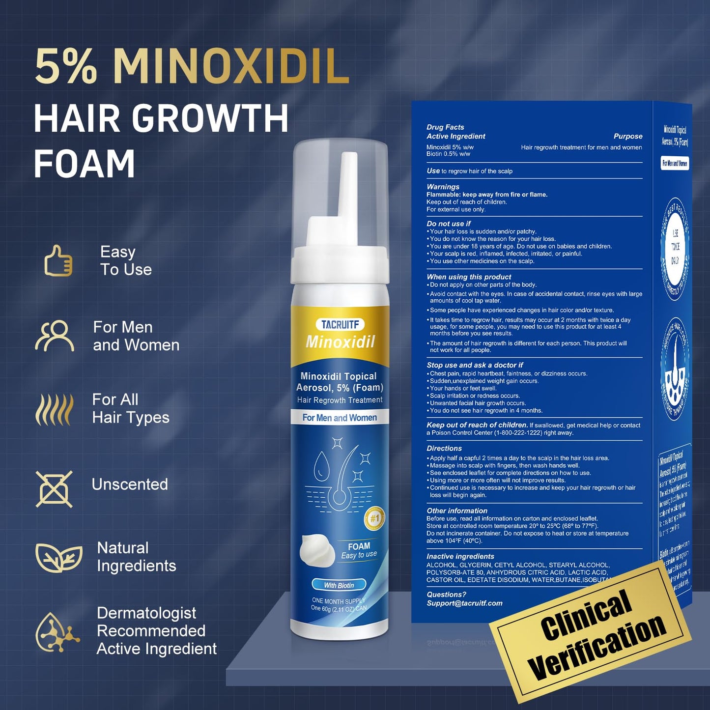 Minoxidil Foam, 5% Topical Minoxidil Foam, Infused with Biotin, Hair Growth Treatment, Minoxidil for Men and Women, Supports Thicker and Fuller Hair & Beard (4.22oz, 2 Month Supply)