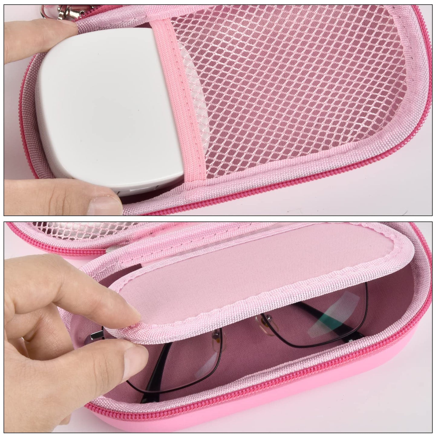 GWCASE Portable 2 in 1 Contact Lens Case and Glasses Case, Traveling Cases Bag Box Holder with Soak Storage Kit Included Built-in Mirror, Tweezer, Contact Lens Solution Bottle and Hand Strap-Pink
