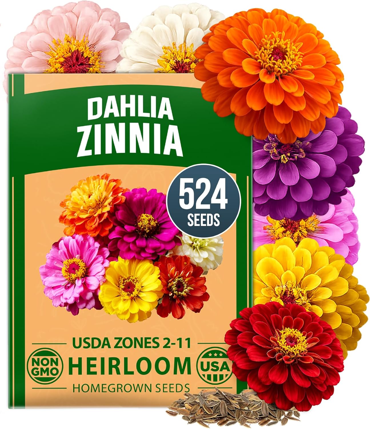 Zinnia Dahlia Seeds Pack - Non-GMO 524 Flower Seeds for Vibrant Pollinator Gardens | Easy-to-Grow Outdoor Blooms