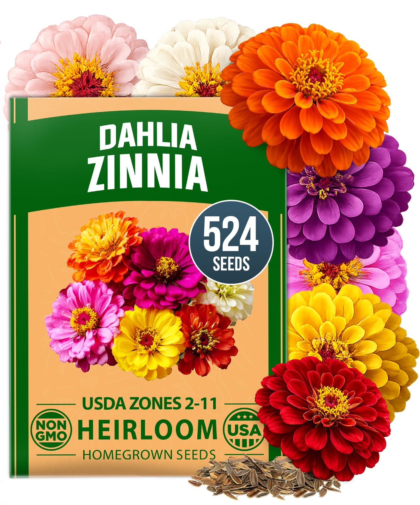 HOME GROWN Zinnia Dahlia Seeds Pack for 2026 Non GMO 524 Flower Seeds | Vibrant Zinnia Elegans for Pollinator Gardens, Borders & Containers | Easy-to-Grow Outdoor Blooms