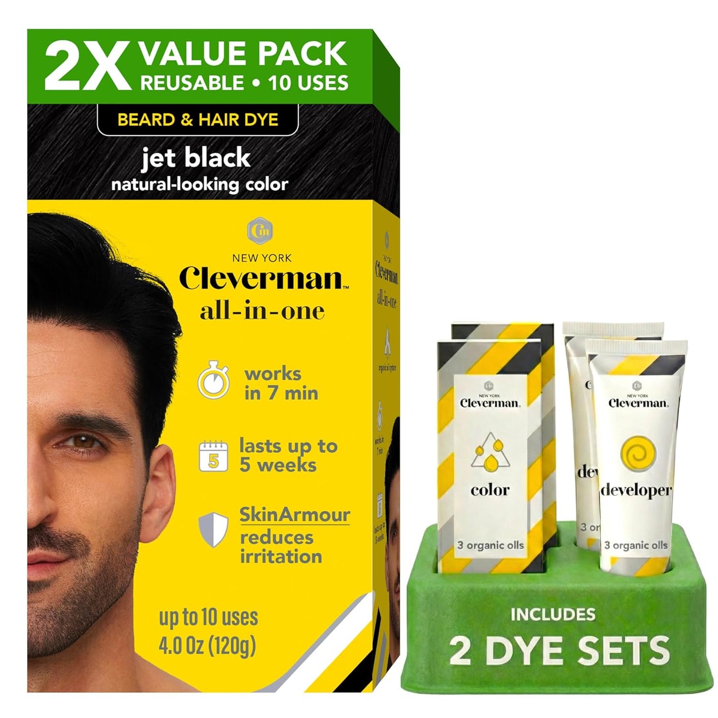 Cleverman Reusable Hair & Beard Dye for Men - Light Brown | Natural Gray Coverage, No-Drip Cream, 5 Uses in 7 Minutes
