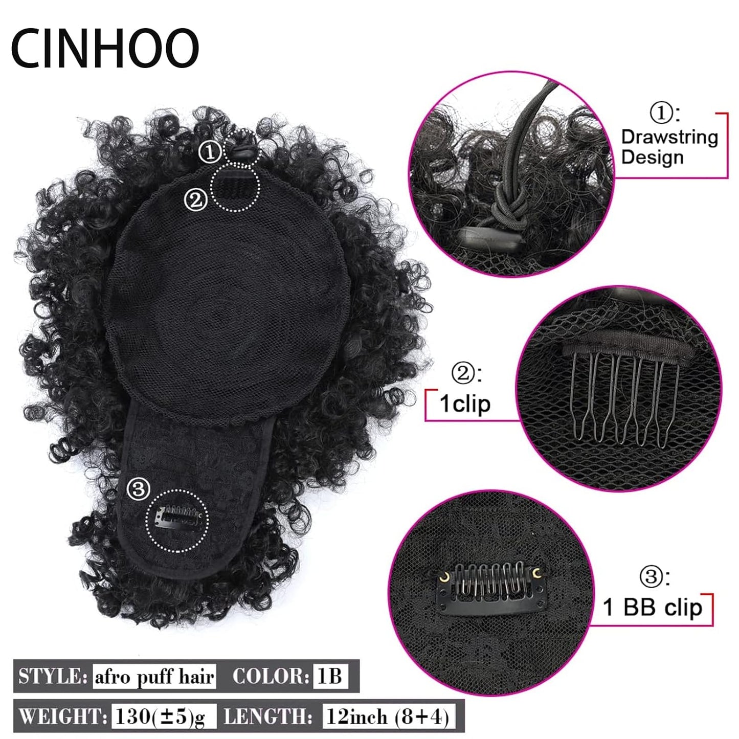 Curly Ponytail Wig for Black Women - Afro High Puff Bun Hair Piece with Bangs | Synthetic Drawstring Extension