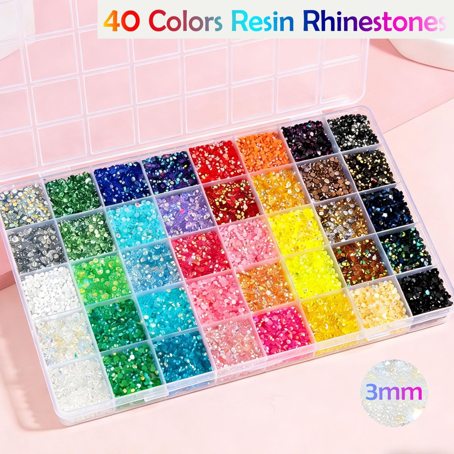 50000+Pcs Resin Jelly Rhinestones for Bedazzling,40 Colors 3mm Flatback Gems Bedazzling Kit with 3Pcs 10ml B7000 Glue for Clothing Nail Art Shoes Crafting Makeup (40 Colors+3 Pcs Glue)