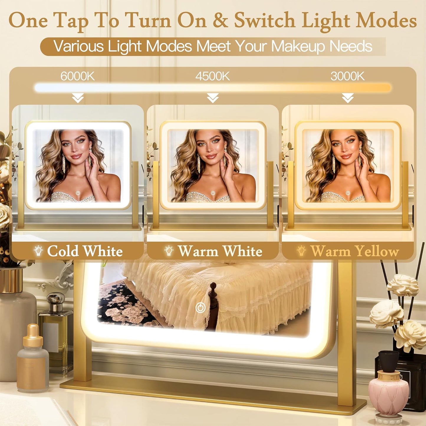 LED Vanity Mirror with Lights - 12" x 14" Small Gold Makeup Mirror | 360° Rotation, 3 Color Modes, Dimmable & Memory Function