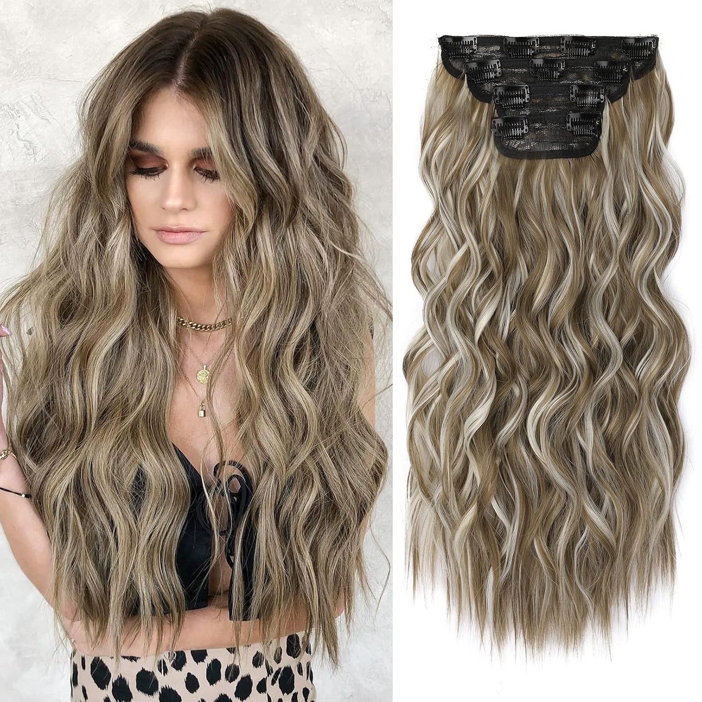 Clip-In Hair Extensions - 4PCS Natural Soft Synthetic Hairpieces for Women | Chocolate Brown