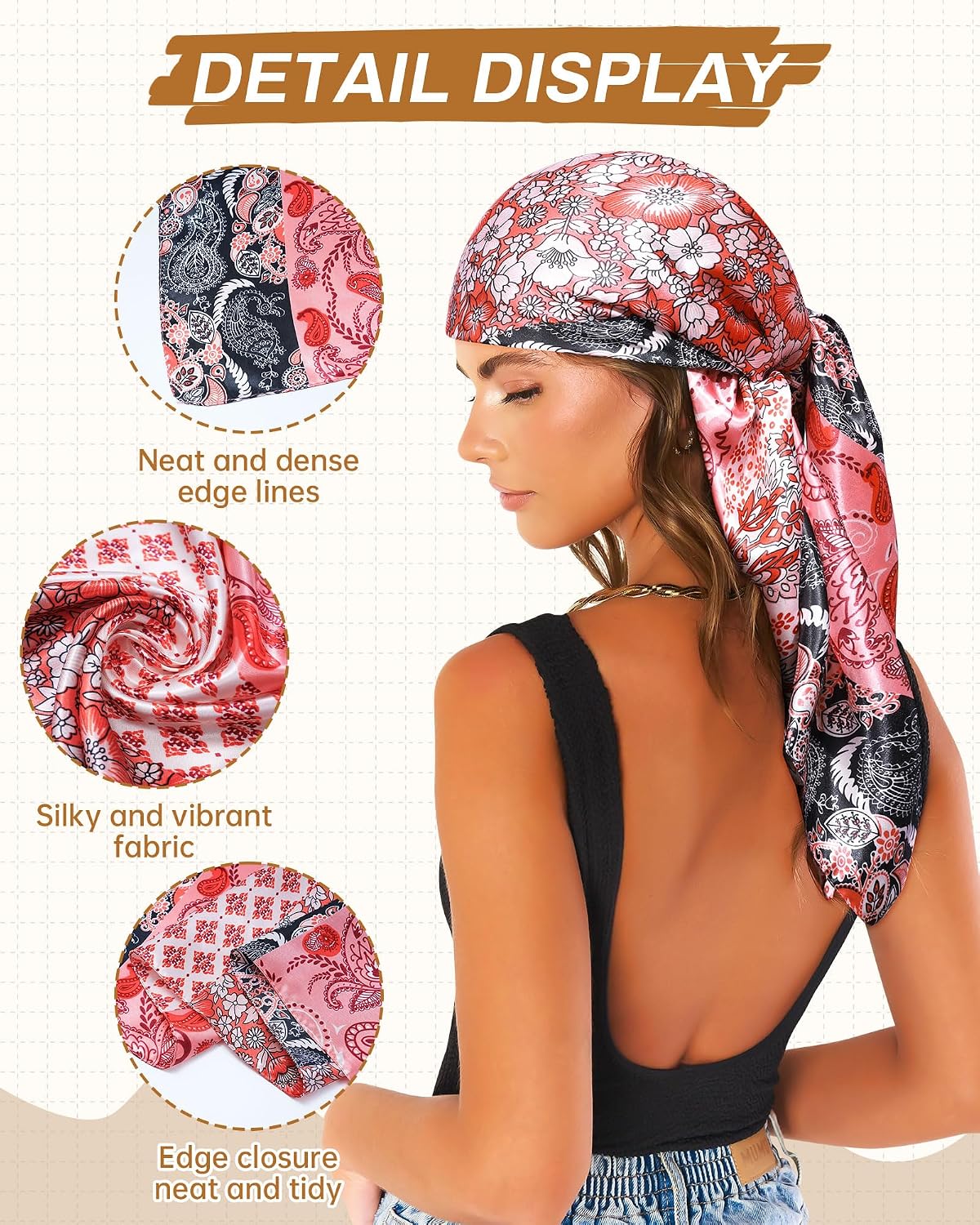 Silk Satin Head Scarf for Women - 35” Square Bandanas | 3 Pack Hair & Neck Scarves for Sleeping