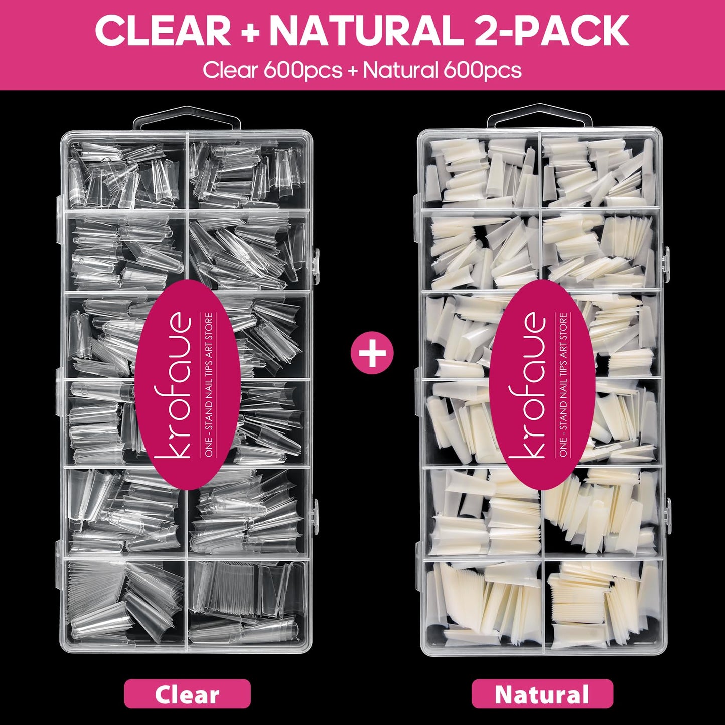Krofaue 1200PCS Coffin Nail Tips, Clear & Natural Half Cover, 12 Sizes