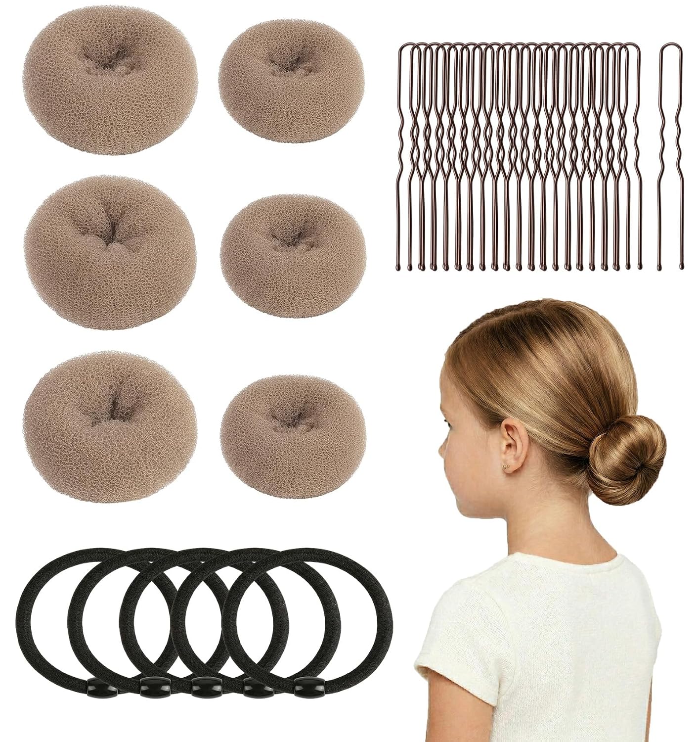 Small Hair Donut Bun Maker - 6pcs Chignon Ring for Thin Hair | Includes 5 Hair Ties & 20 U Pins (Black)