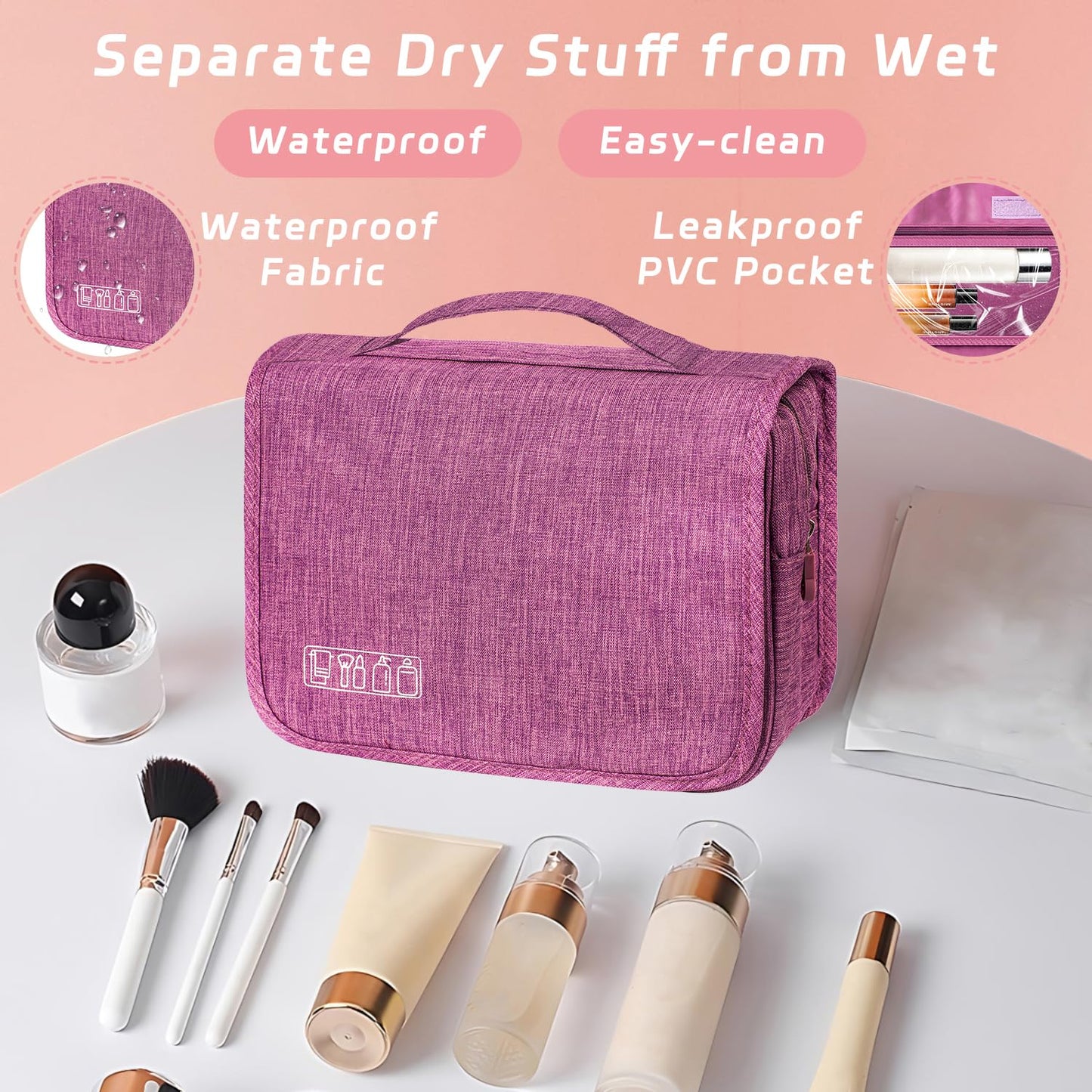 YEMEDA Toiletry Bag Travel Bag with Hanging Hook, Waterproof Capacity Hanging Multifunctional Makeup Bag for Toiletries, Portable Cosmetic Bag Travel Organizer for Women and Men(Purple)
