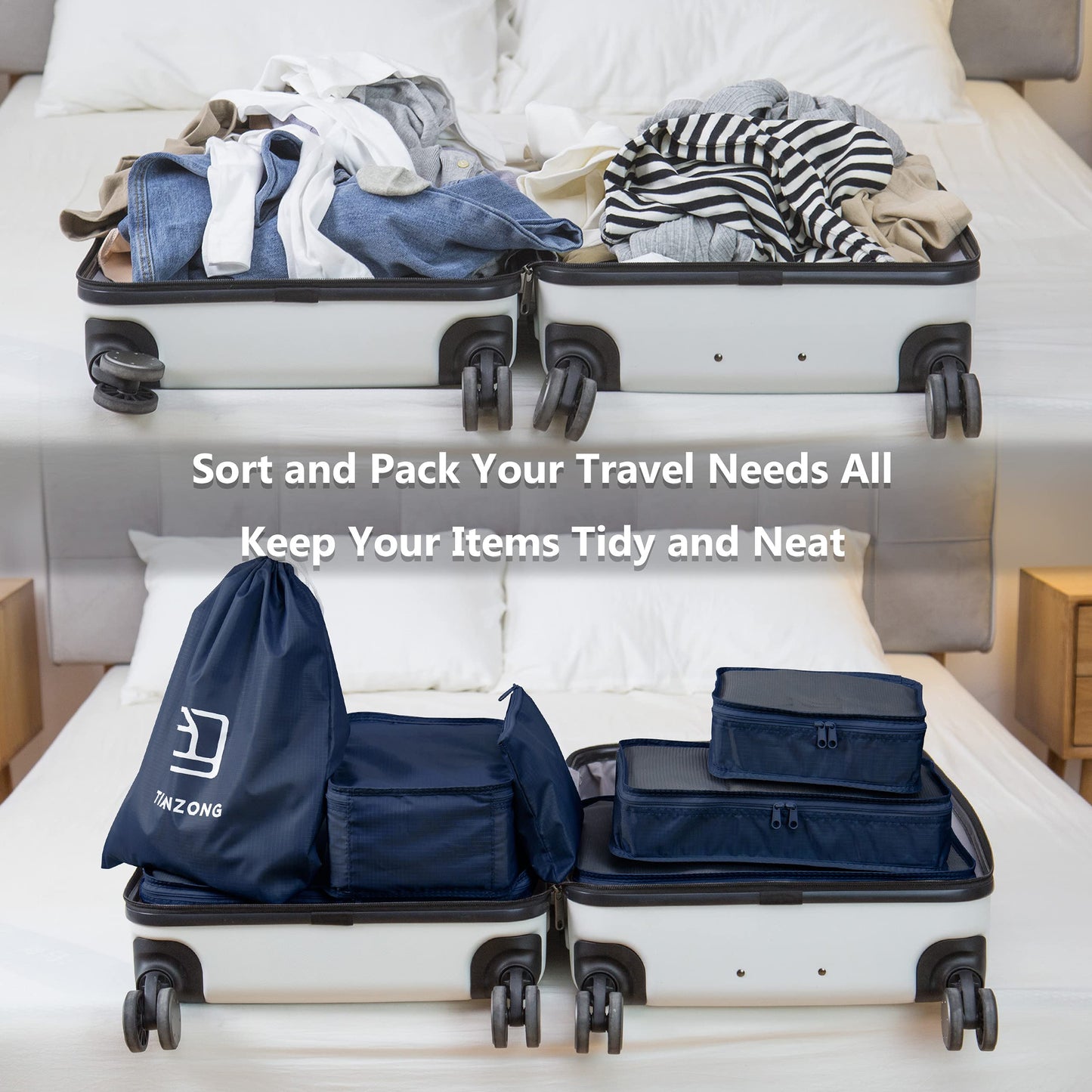 Tianzong 7-piece Set Packing Cubes, Travel Bags for Luggage, Packing Organizers with Shoe Bag (Navy Blue)