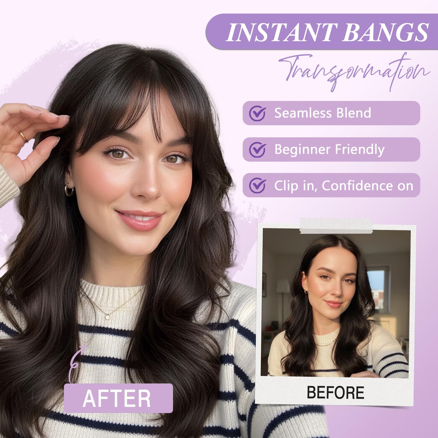 Yorda Bangs Hair Clip 100% Human Hair Clip in Bangs Fringe with Temples Wispy/French Bangs for Women Natural Looking for Daily Use (Wispy Bangs, Dark Brown)