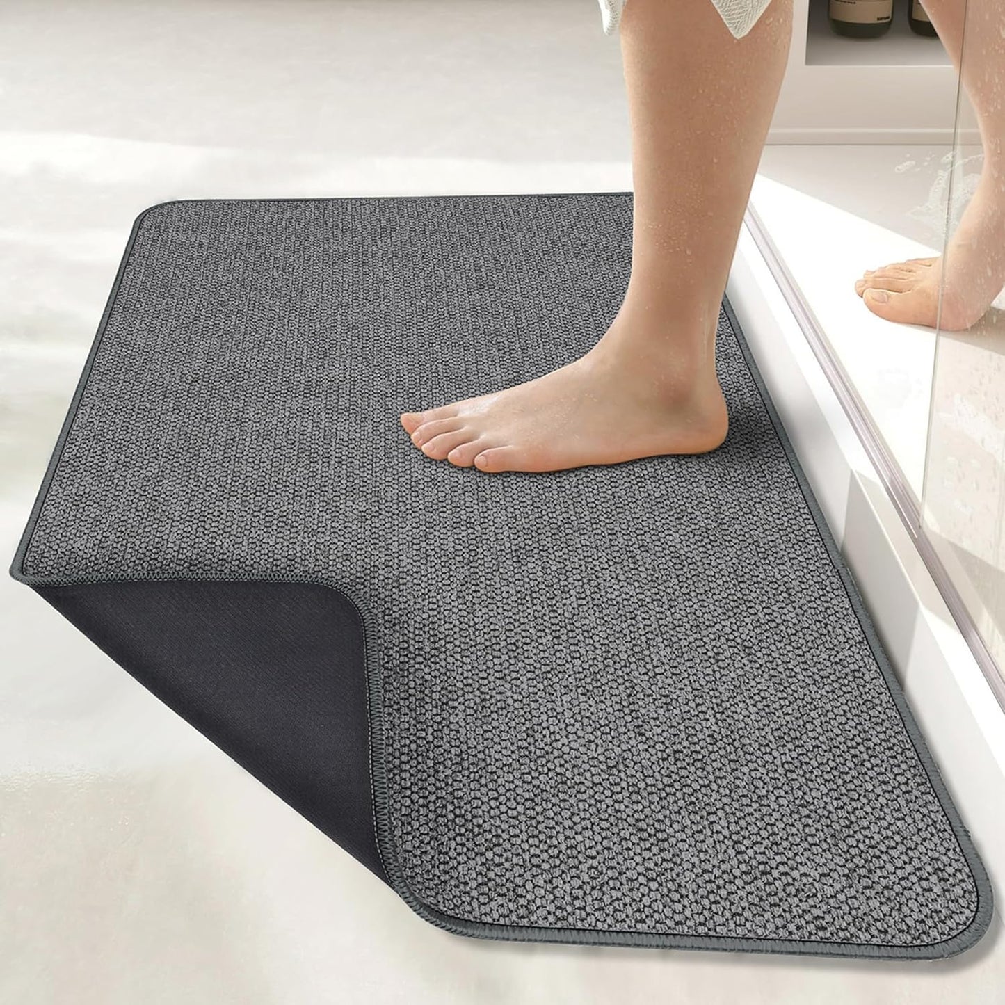 Ultra Thin Bath Mat - Non-Slip Rubber Bathroom Rug, Quick Dry & Absorbent | Grey, 1'5"x2'3" (17x27 Inch)