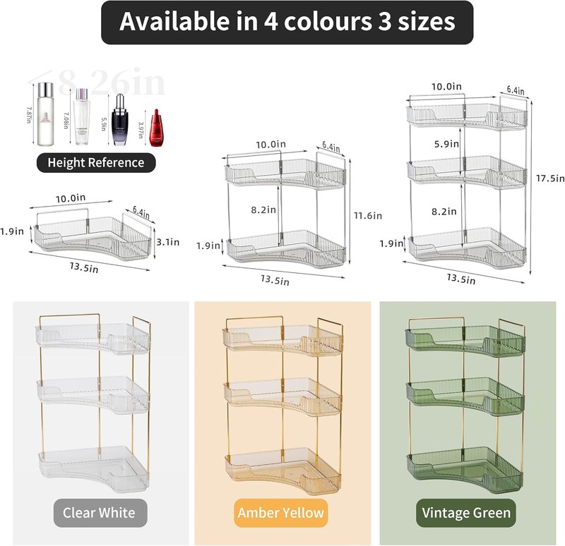 Corner Bathroom Counter Organizer - 3-Tier Makeup & Skincare Tray | Smoky Gray