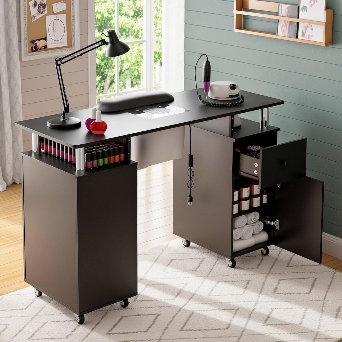 Nail Tech Table - Manicure Desk with Dust Collector, Arm Rest & Wheels | Black Beauty Salon Station
