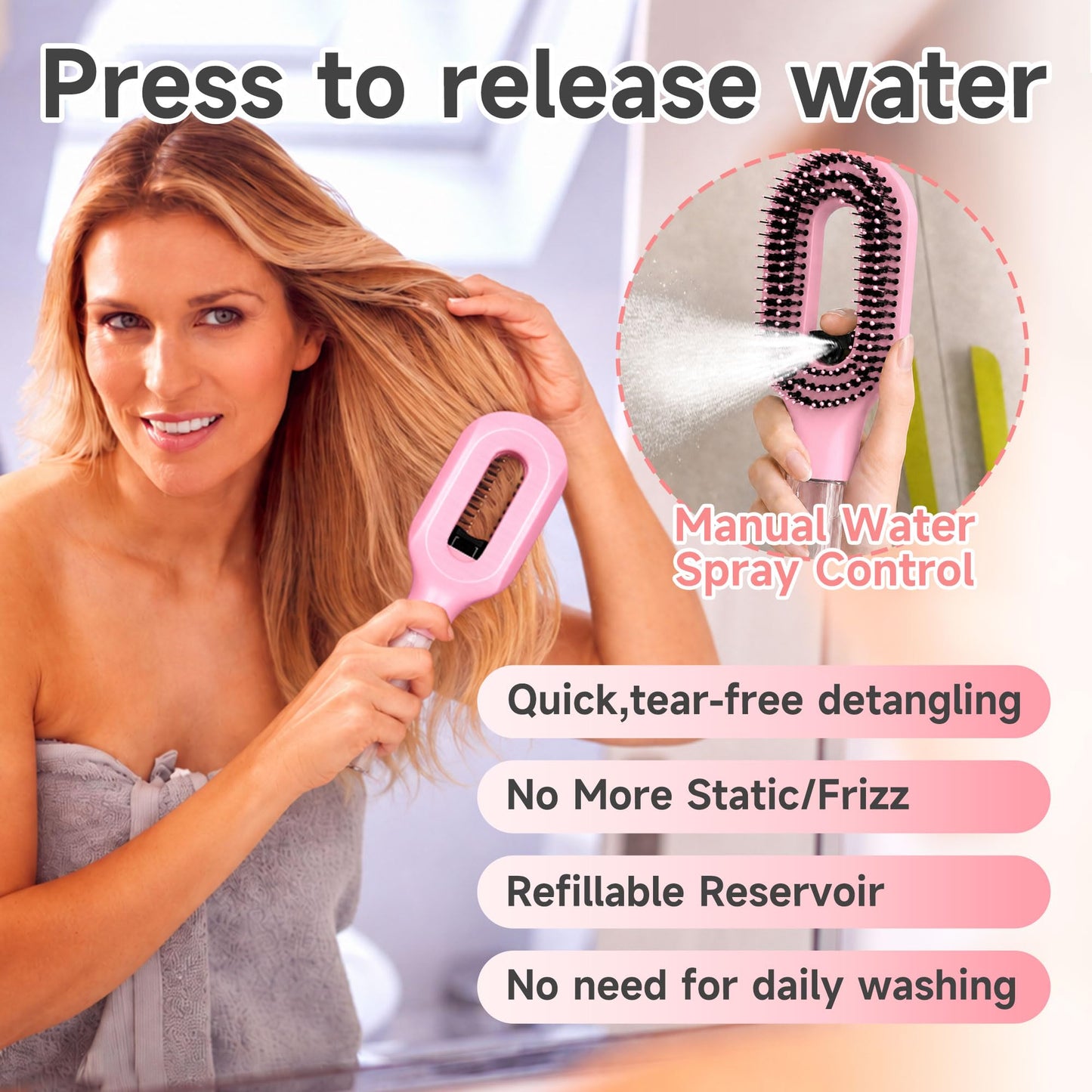 2-in-1 Manual Spray Hair Brush with Refillable Water Tank, Detangling Mist Comb for Fine Hair, Curly Hair and Kids, Travel Use, Pink