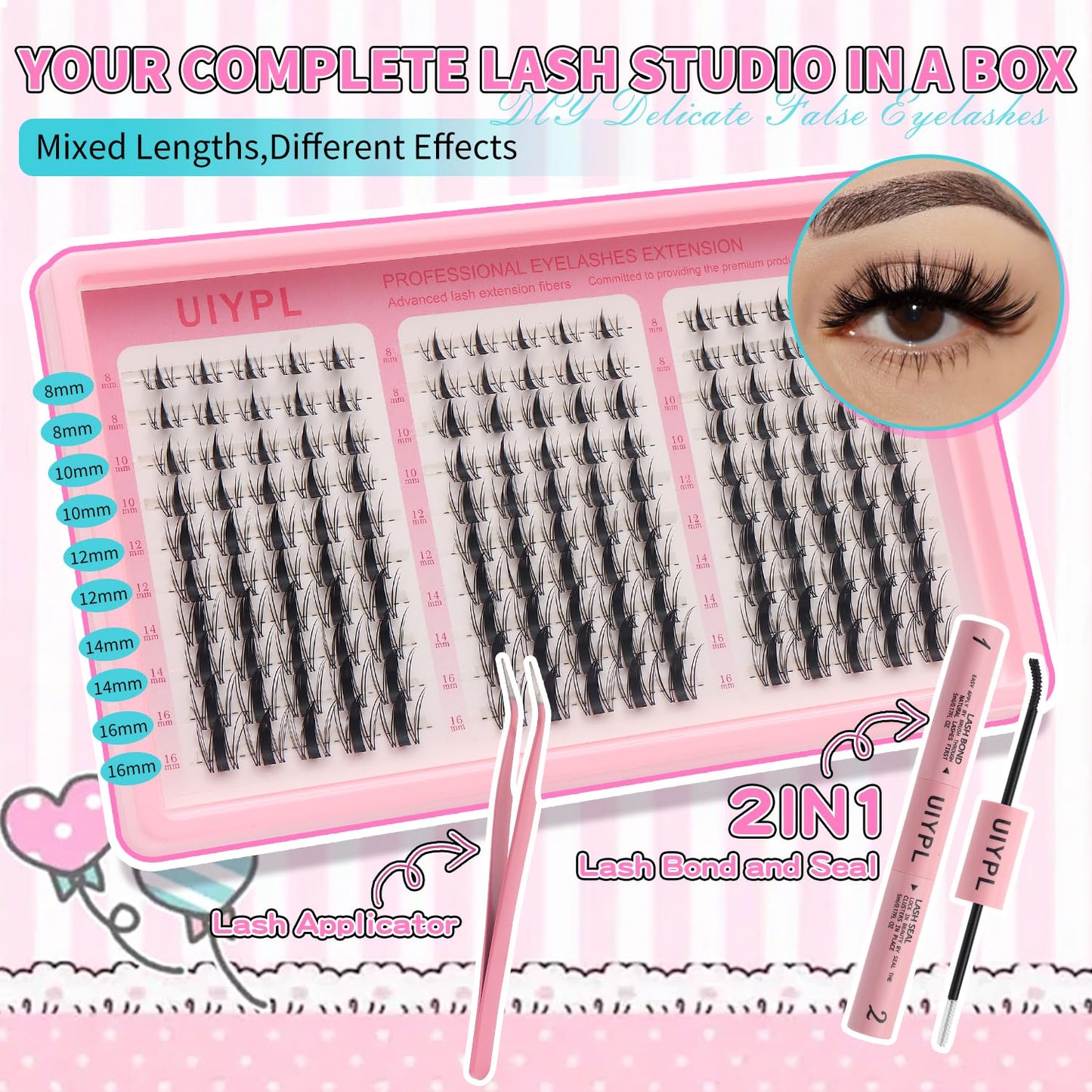 UIYPL Lash Clusters Kit-Cluster Eyelash Extensions. Eyelash Extension Kit. Volume Lash Clusters. Pro Lash. False Eyelashes & Adhesivesc. (Aesthetic‌ kit 150pcs)