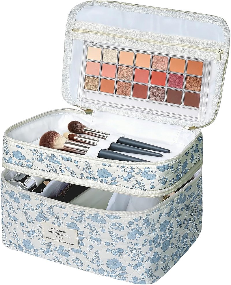 Large Cosmetic Makeup Bag for Women - Cute Quilted Floral Toiletry Organizer | Blue Flowers