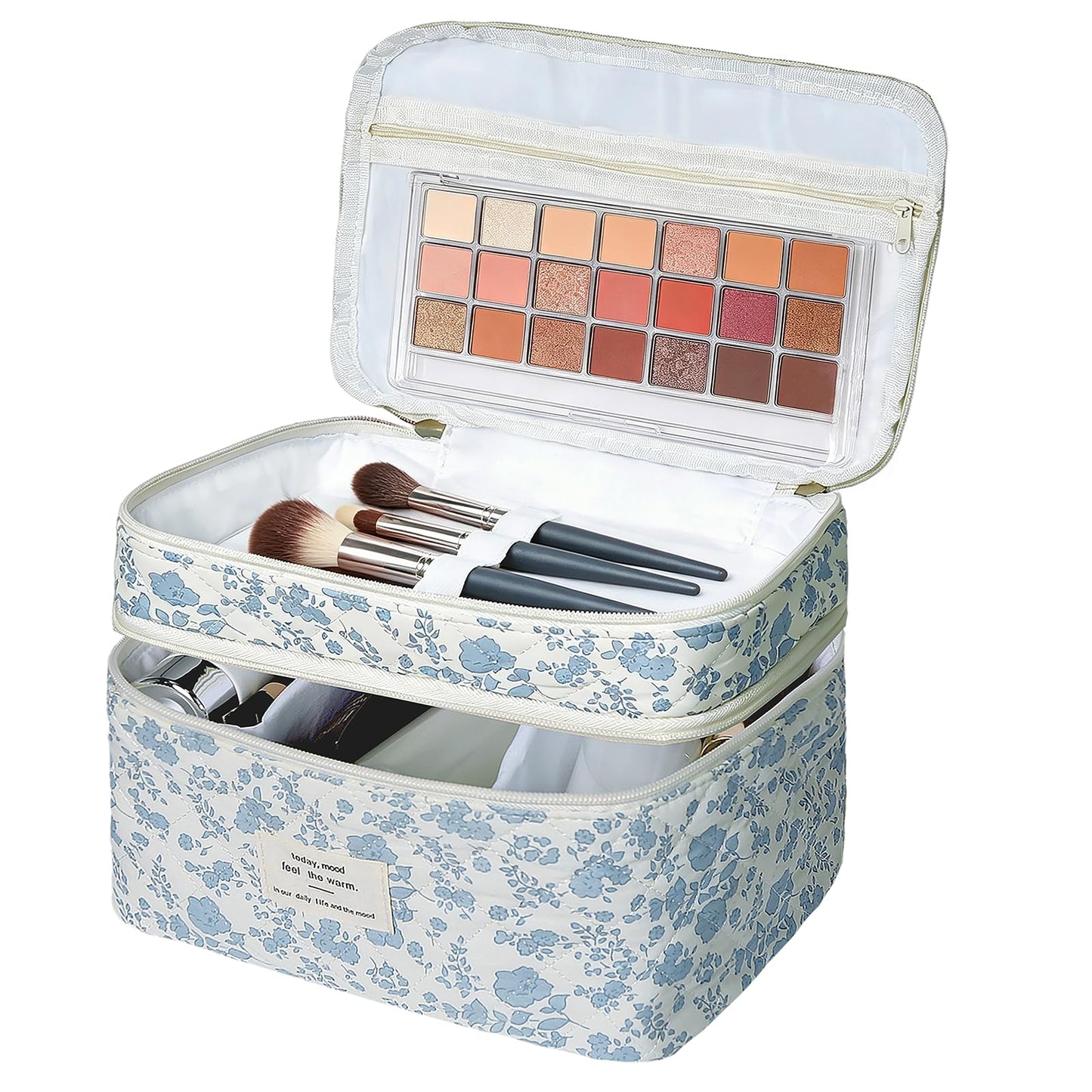 Gosect Quilted Floral Makeup Bag, Double Layer Large Capacity Cosmetic Bag with Portable Handle, Cute Coquette Aesthetic Toiletry Bag, Portable Travel Organizer with Dividers for Women Girls