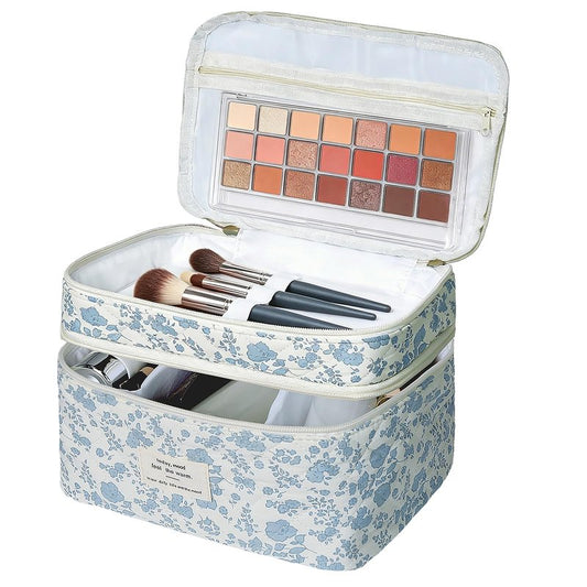 Gosect Quilted Floral Makeup Bag, Double Layer Large Capacity Cosmetic Bag with Portable Handle, Cute Coquette Aesthetic Toiletry Bag, Portable Travel Organizer with Dividers for Women Girls