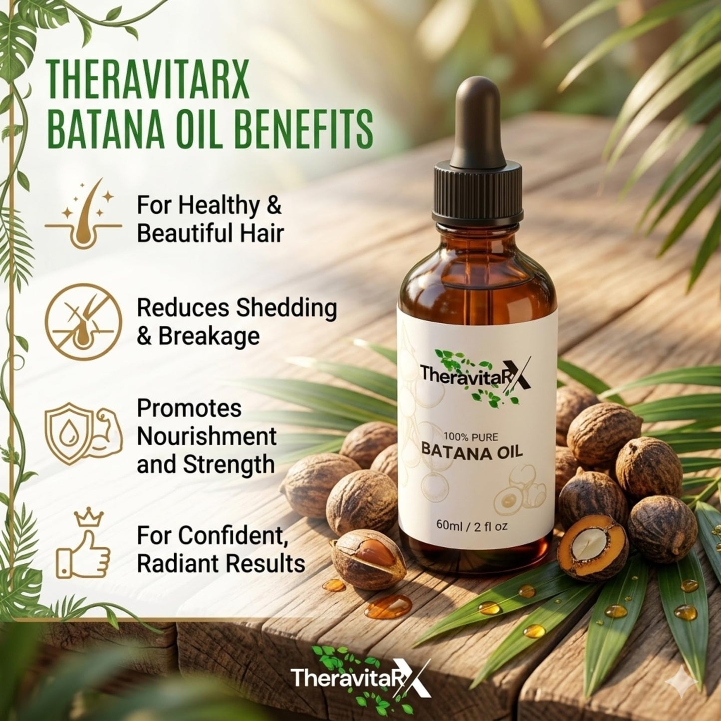 THERAVITARX 100% Pure Batana Oil for Hair & Skin, Cold Pressed Natural Moisturizing Oil for Dry Hair, Scalp & Skin Care, Glass Dropper, 60ml (2 fl oz)