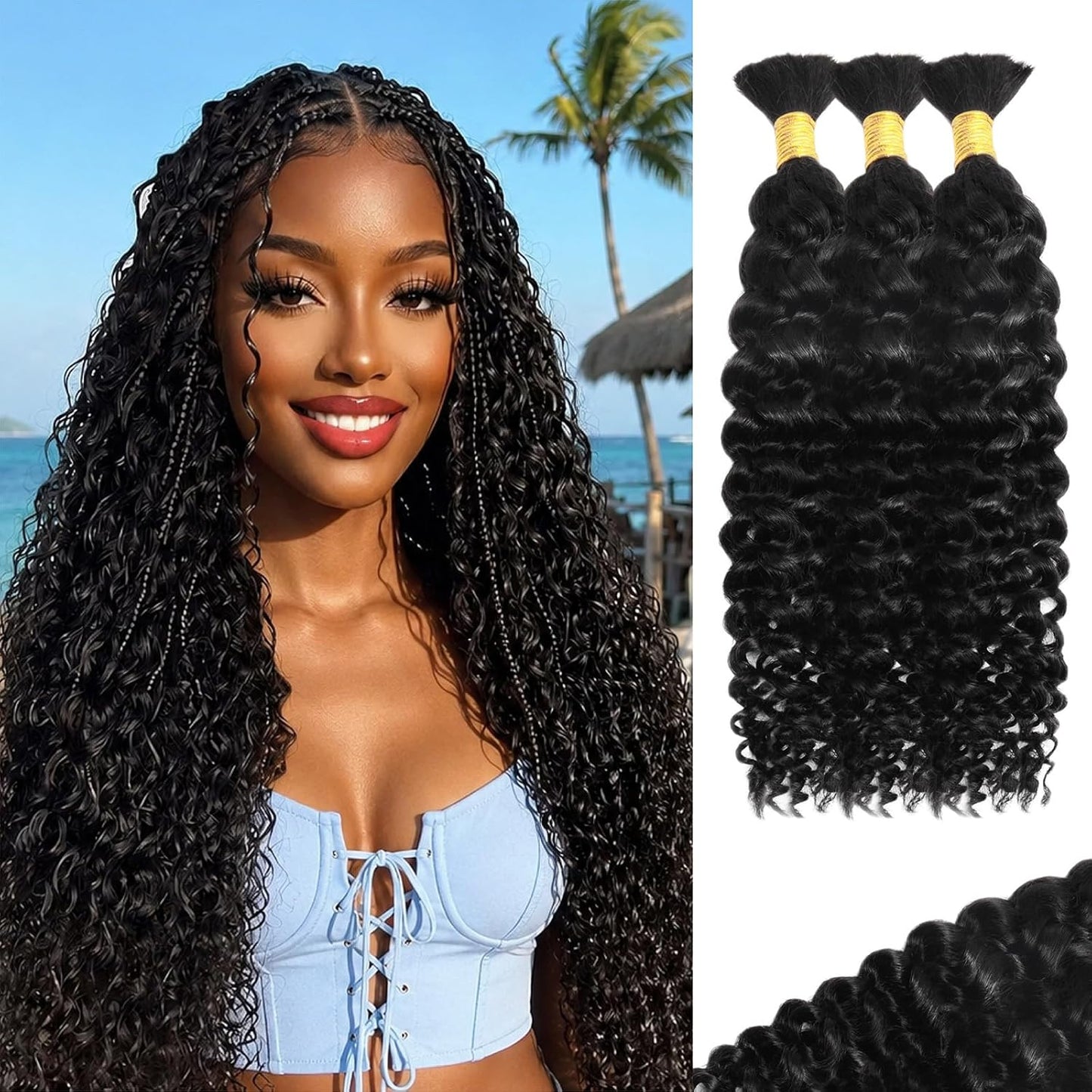 Water Wave Human Braiding Hair - 16 Inch Deep Curly Bundles for Boho Braids | 110g Natural Black
