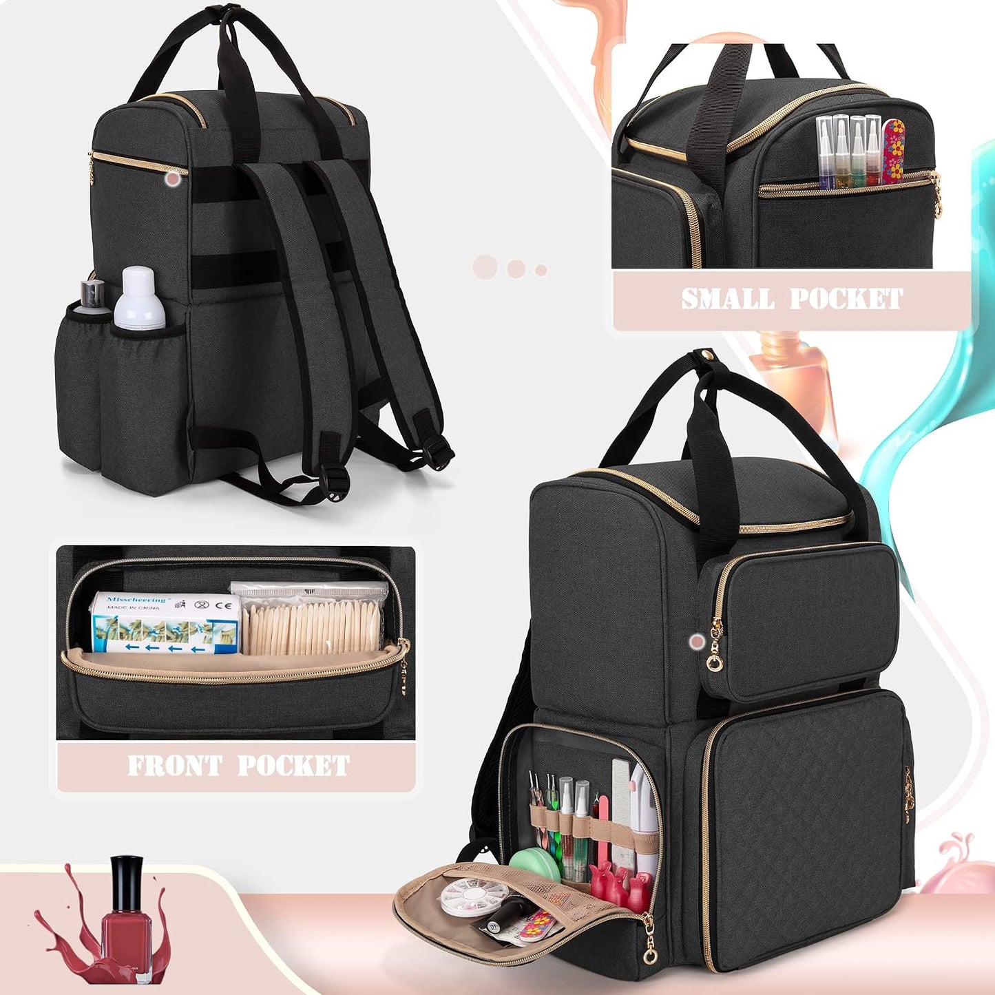 Nail Polish Organizer Backpack - Holds 70 Bottles & Lamp | Travel Bag with Removable Cases & Tool Pockets - Black