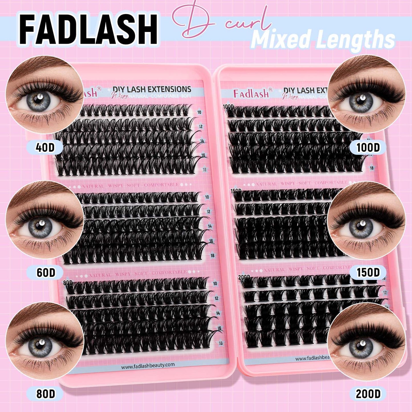 Lash Clusters Eyelash Extensions 40D+60D+80D+100D+150D+200D D Curl Fluffy Eyelash Clusters 10-18mm Natural Wispy Cluster Eyelash DIY Individual Lashes Extensions for Beginners by FADLASH