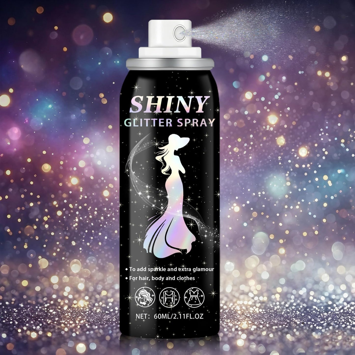 ZHISHUDL Body Hair Glitter Spray 60ML Glitter Hairspray Holographic Shimmer Glitter for Hair Body and Clothes,Long-Lasting Quick-Drying Sparkle Powder Spray for Christmas Halloween Rave - Silver