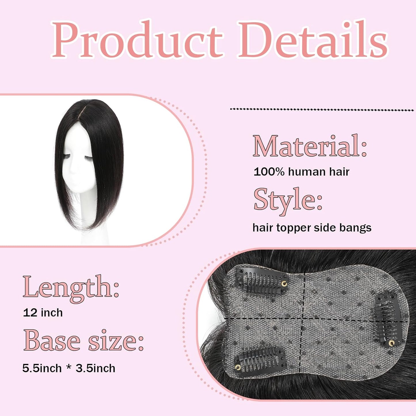 Hair Toppers for Women - Real Human Hair 360° 3D Hairpieces with Wispy Clip-In Bangs | Natural Scalp Line (Black)
