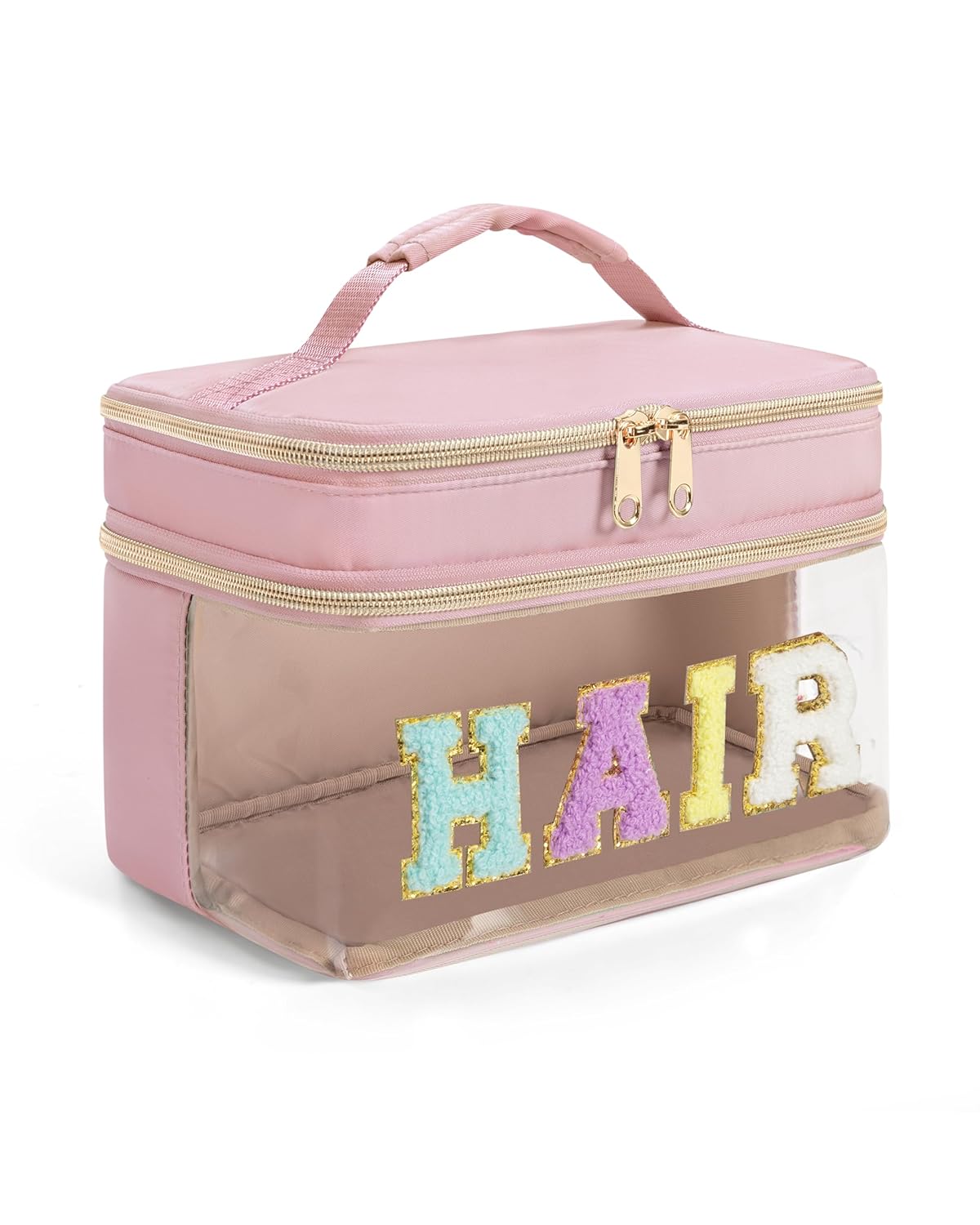Double Layer Hair Accessories Organizer - Preppy Patch Makeup Bag with Chenille Letter | Portable Pink Cosmetic Pouch for Women