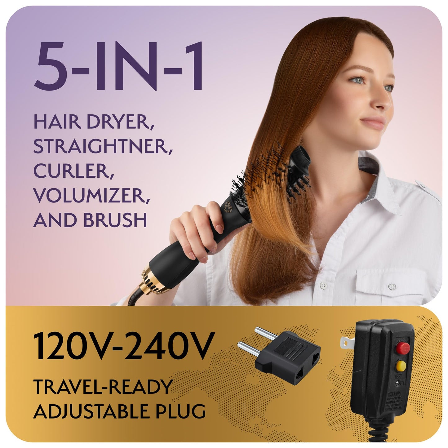Manual Dual Voltage Blowout Hair Dryer Brush, Professional Hot Air Brush for European Travel 110V-120V/220V-240V, Black Gold Dryer and Volumizer for Women, 2.4 INCHES Oval Shape