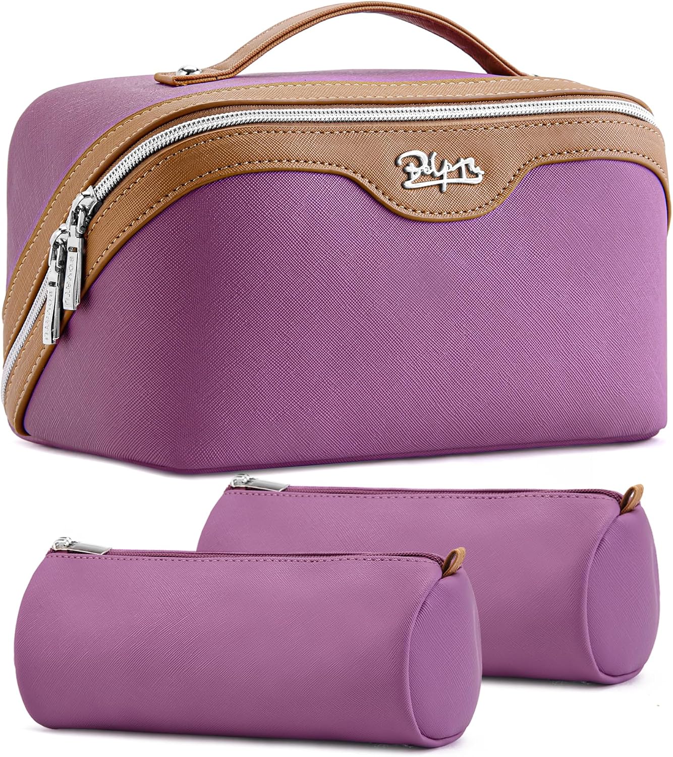 Travel Makeup Bag Organizer Set - 3 Pcs Waterproof Vegan Leather Cosmetic Bags for Women | Black