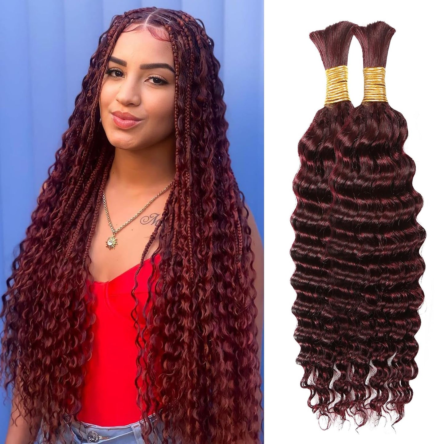 Human Braiding Hair - 14 Inch Ombre Highlight Deep Wave Bulk Extensions | Curly Bundles for Knotless Braids (4/27)