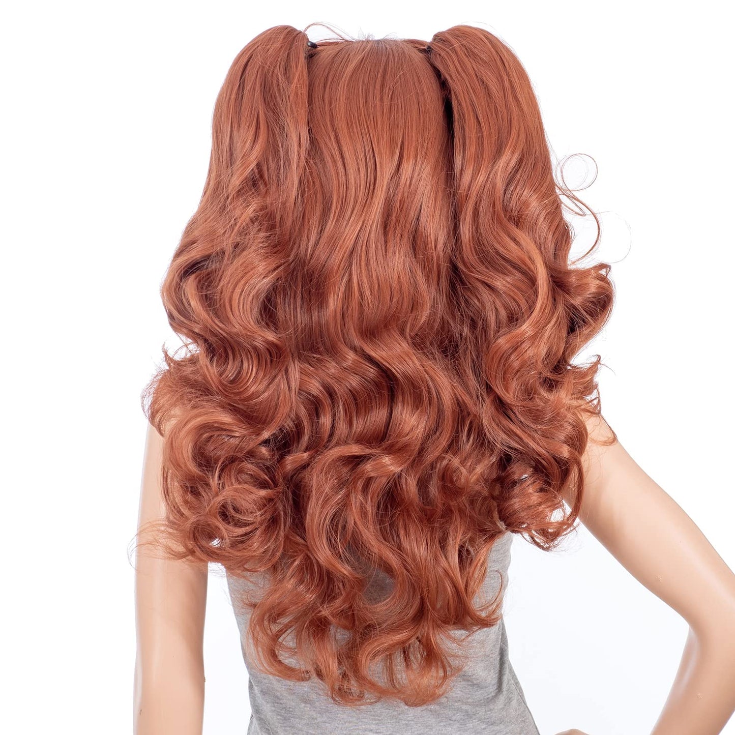 Long Curly Double Claw Clip Ponytail Wig - Synthetic Pastel Color for Cosplay | Dark Copper Red