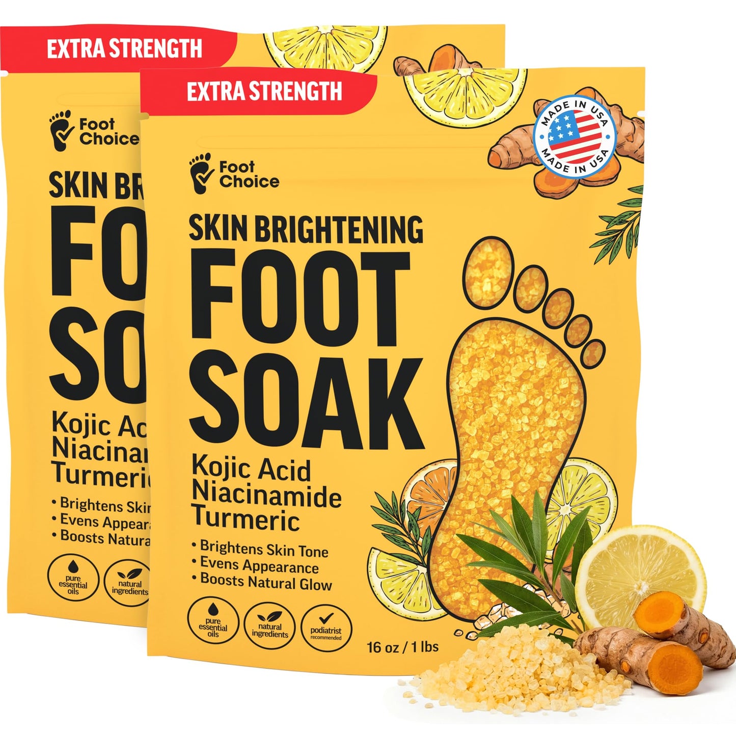 Foot Choice Skin Brightening Foot Soak with Kojic Acid & Niacinamide - Evens Skin Tone, Boosts Glow & Softens Calluses - Turmeric & Vitamin C - 2 Pack