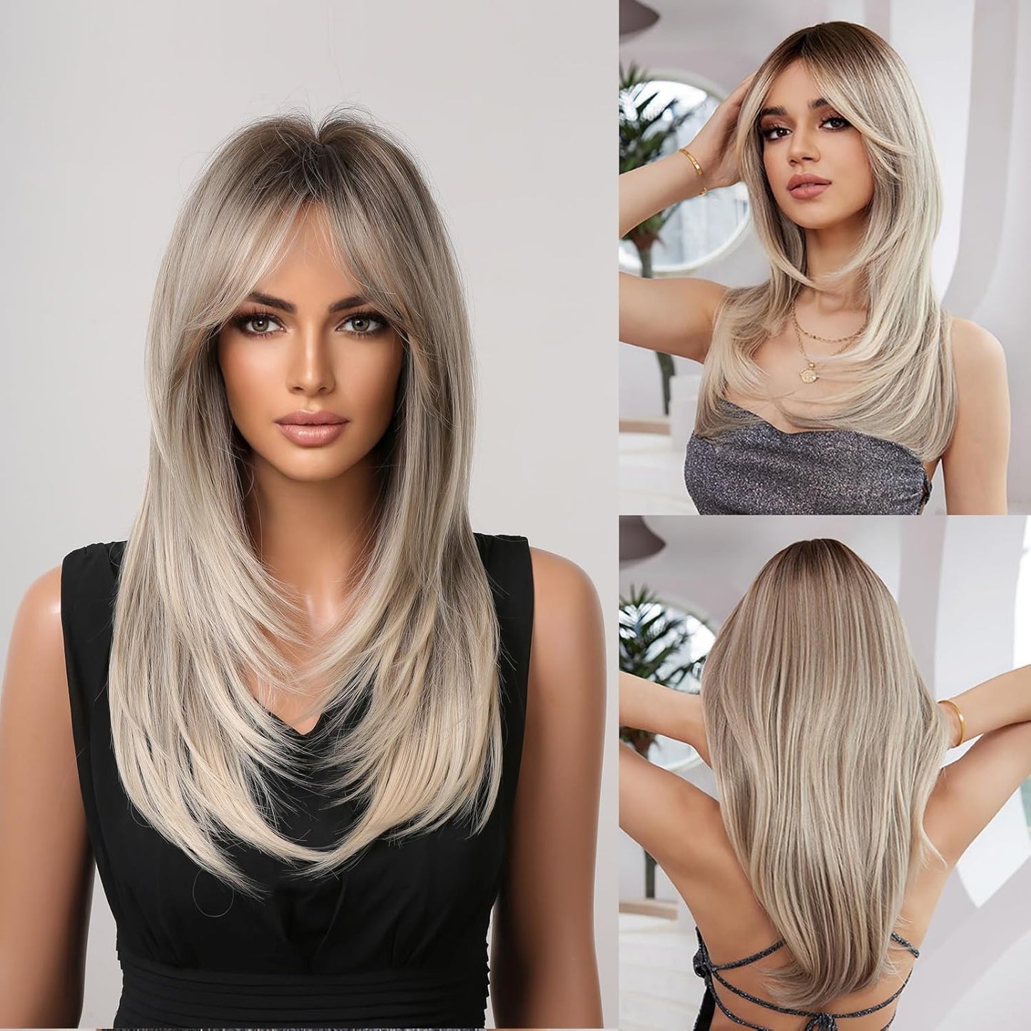Long Layered Blonde Wig - Synthetic Hair with Bangs | Natural Wavy, Heat Resistant for Daily & Party Wear