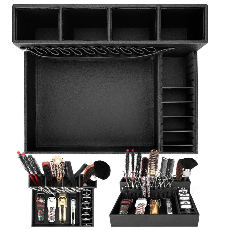 Barber Organizer Tray, 13.9 x 11.2 x 4.4 inch Adjustable Station for Clippers & Guards Scissors, Multifunctional Non-slip Barber&Salon Hair Tools Holder, with PU Leather Exterior Hairdressing Case