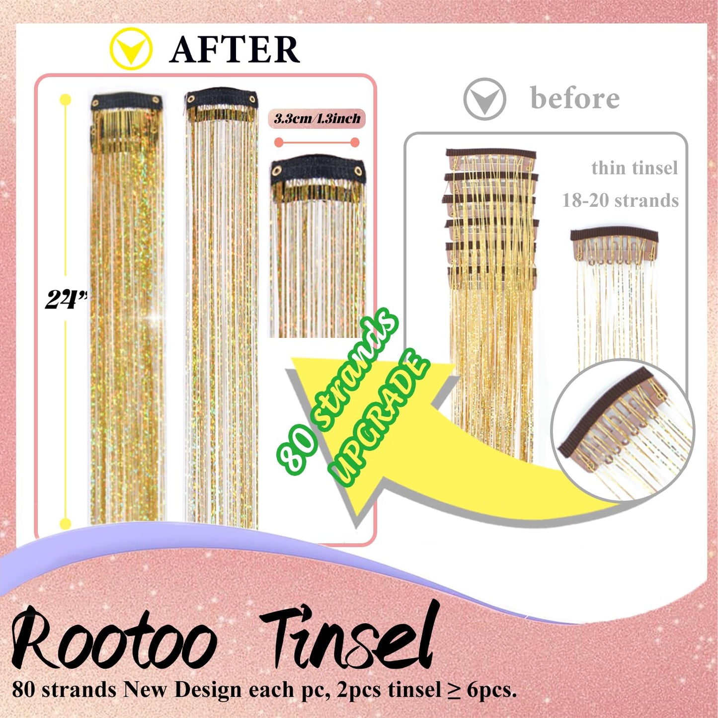 Hair Tinsel Kit - 12 Pcs 24 Inch Gold Glitter Clip-In Hair Extensions for Girls & Women | Perfect for Christmas & New Year Parties