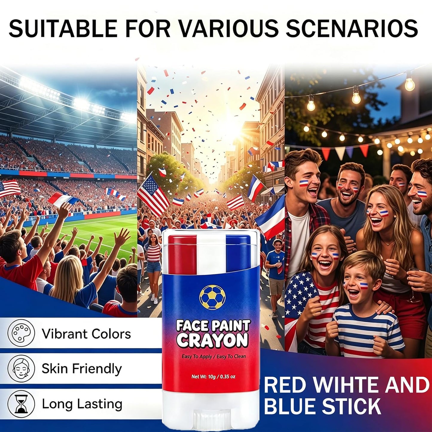Patriotic USA Flag Face Paint Stick - Red, White & Blue Body Paint for Sports Fans | Perfect for 4th of July & World Cup 2026