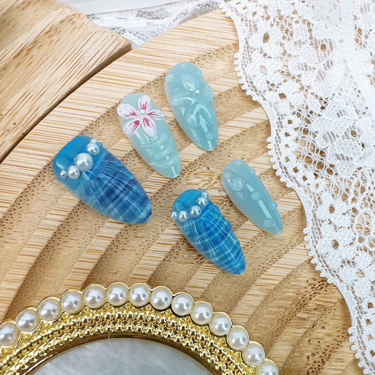 30pcs Summer Ocean Beach Press on Nails Medium Almond Fake Nails with 3D Flower Pearl Design Cute Floral False Nails Blue Ocean Artificial Nails Full Cover Stick on Nails for Women Nail Decorations