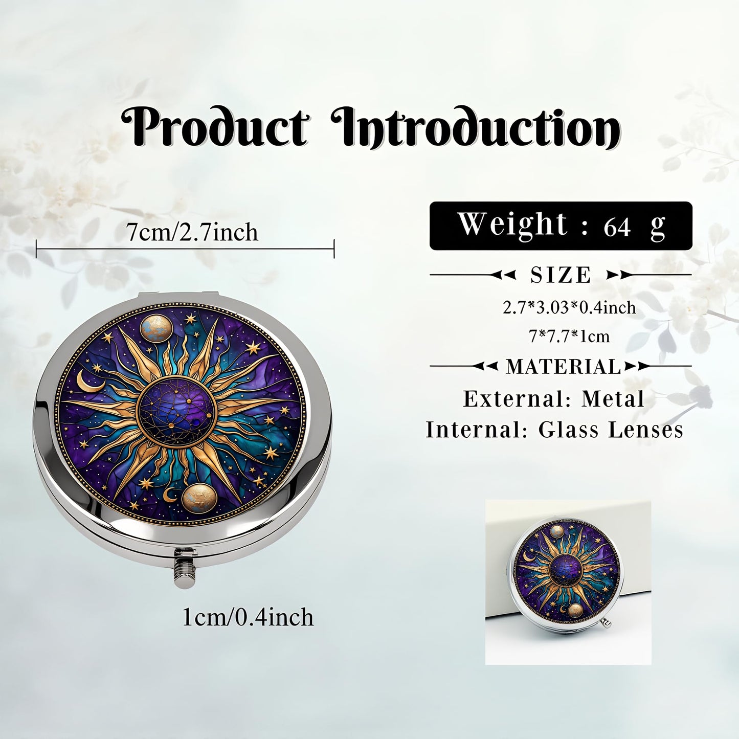 Silver Compact Mirror, 2.8x2.8inch Double-Sided Folding Makeup Mirror with Purple Sun Moon Design, Ideal Gift for Women