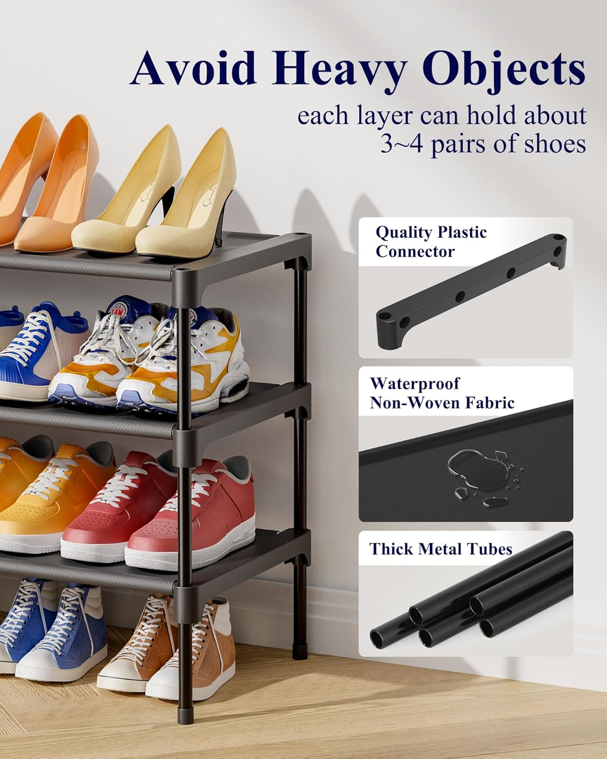 Kitsure Shoe Rack | Non-Woven 3-Tier Shoe Organizer for Closet & Entryway - 27.5" Wide, Black