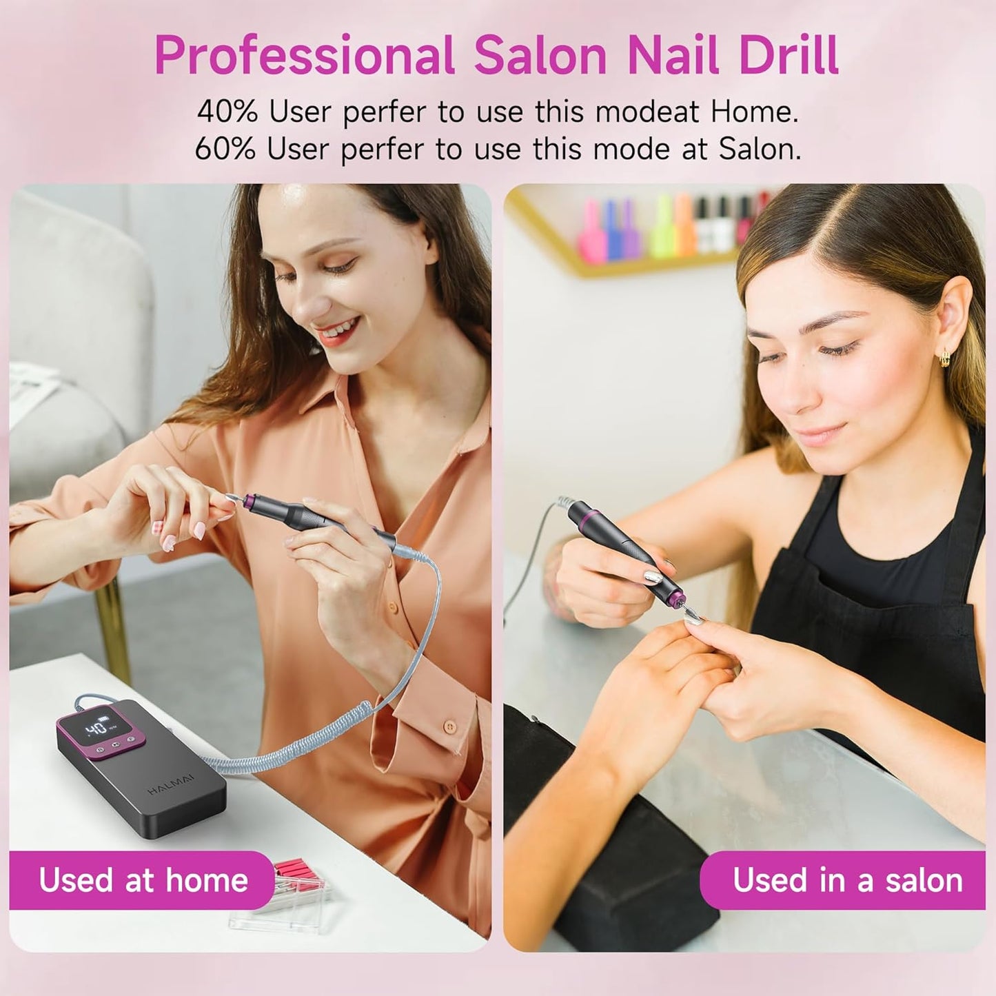 Electric Nail Drill - Professional Portable File for Acrylic Gel Nails | Cordless Rechargeable 40000RPM Efile Machine (Dark Grey)