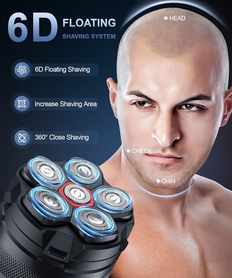 Head Shaver for Bald Men - 10000 RPM 6D Magnetic Razor, IPX8 Waterproof, Hypoallergenic Blades | Black
