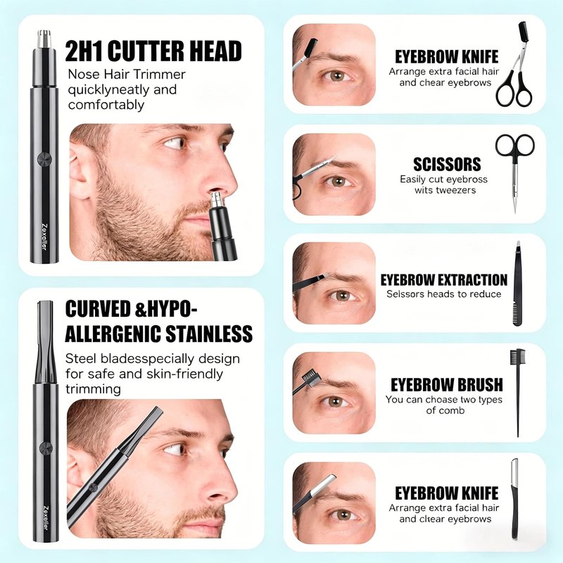 ZEXELLER Electric Nose Hair Trimmer Eyebrow Trimmer for Men Women, 7-in-1 Painless Facial Grooming Kit, USB Rechargeable IPX7 Waterproof Precision Trimmer for Nose Ear Eyebrow Beard Body Hair