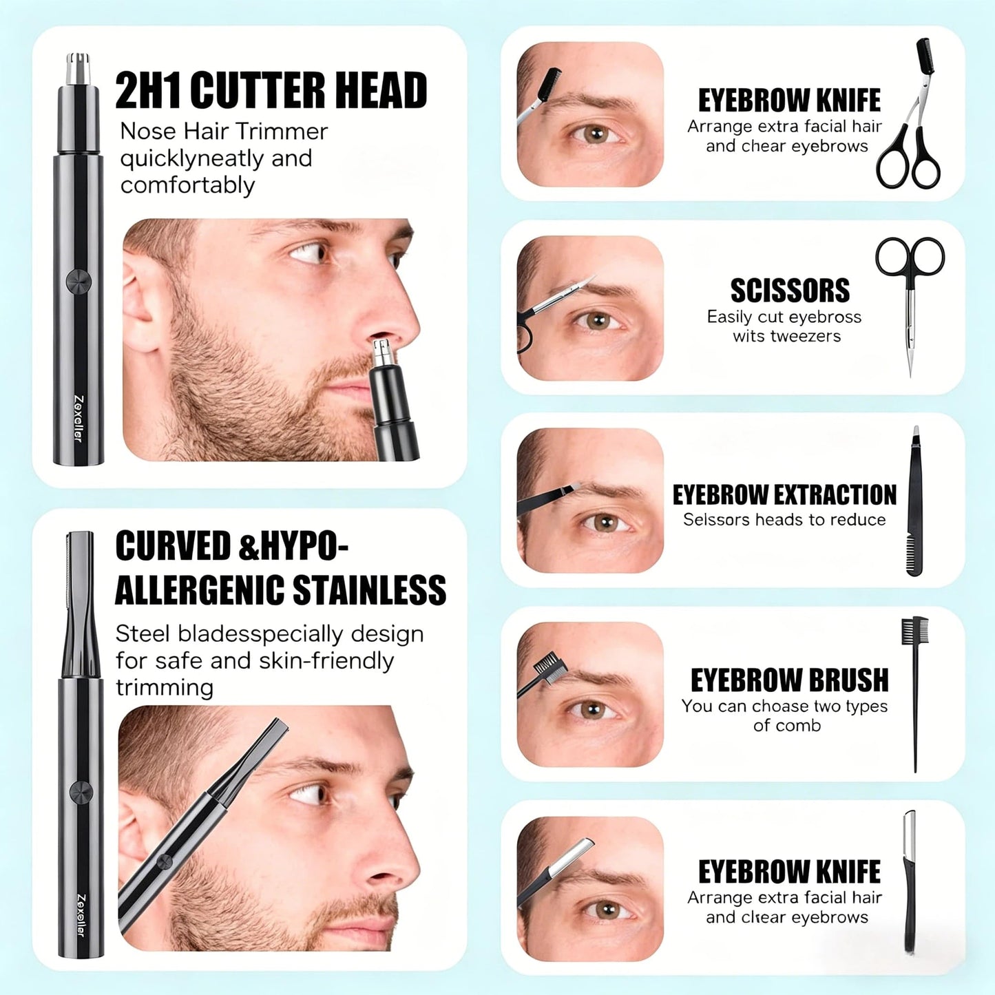 ZEXELLER Electric Nose Hair Trimmer Eyebrow Trimmer for Men Women, 7-in-1 Painless Facial Grooming Kit, USB Rechargeable IPX7 Waterproof Precision Trimmer for Nose Ear Eyebrow Beard Body Hair