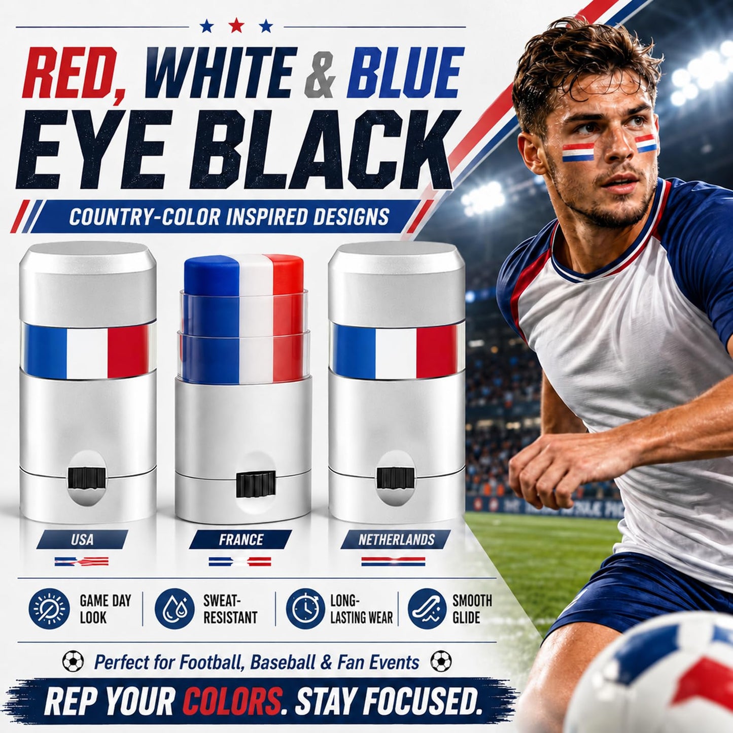 Go Ho 3PCS Red White and Blue Eye Black,Patriotic USA Flag 4th of July Face Paint Makeup for Independence Day,Soccer Fans Eye Black Stick,Eye Black Stick for Baseball Party Favors