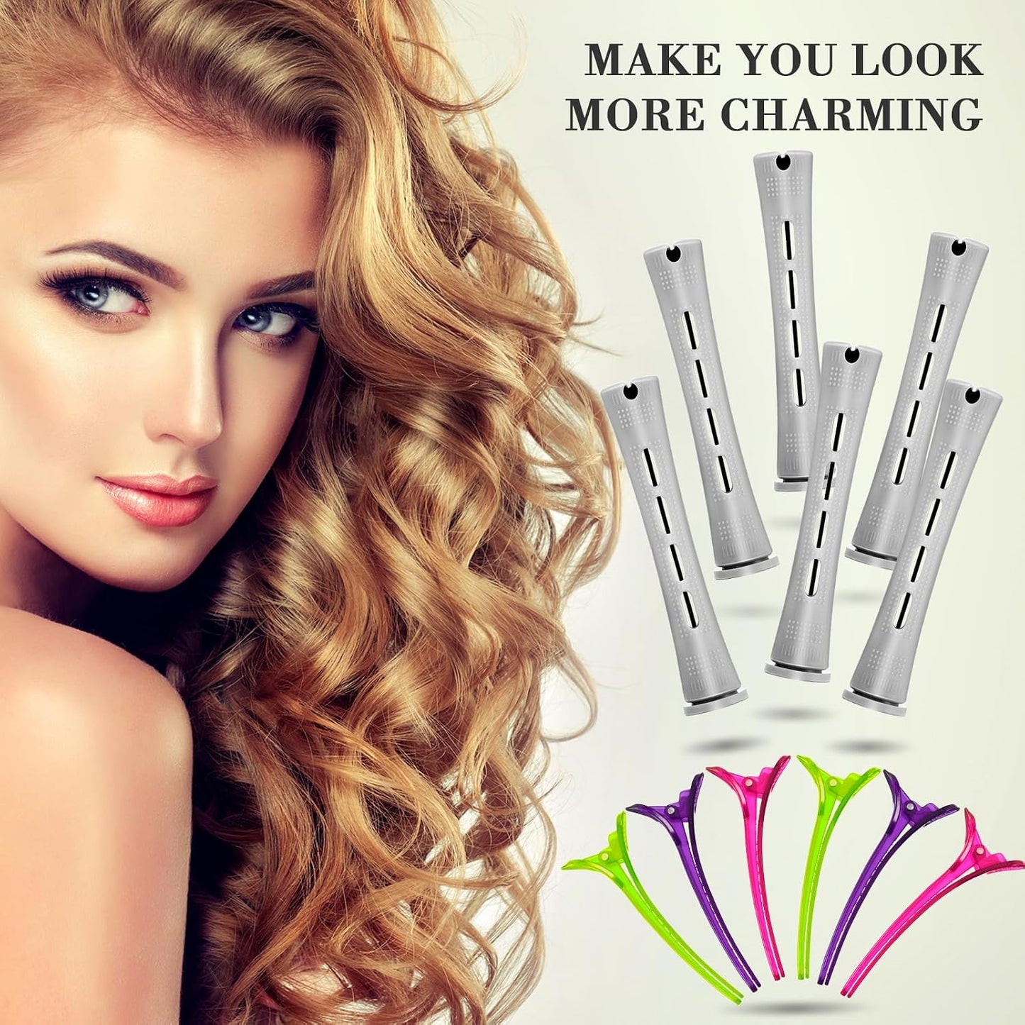Hair Styling Kit - 48 Plastic Perm Rods, 2 Steel Pintail Combs, 350 Perm Papers, 6 Duck Bill Clips | Gray