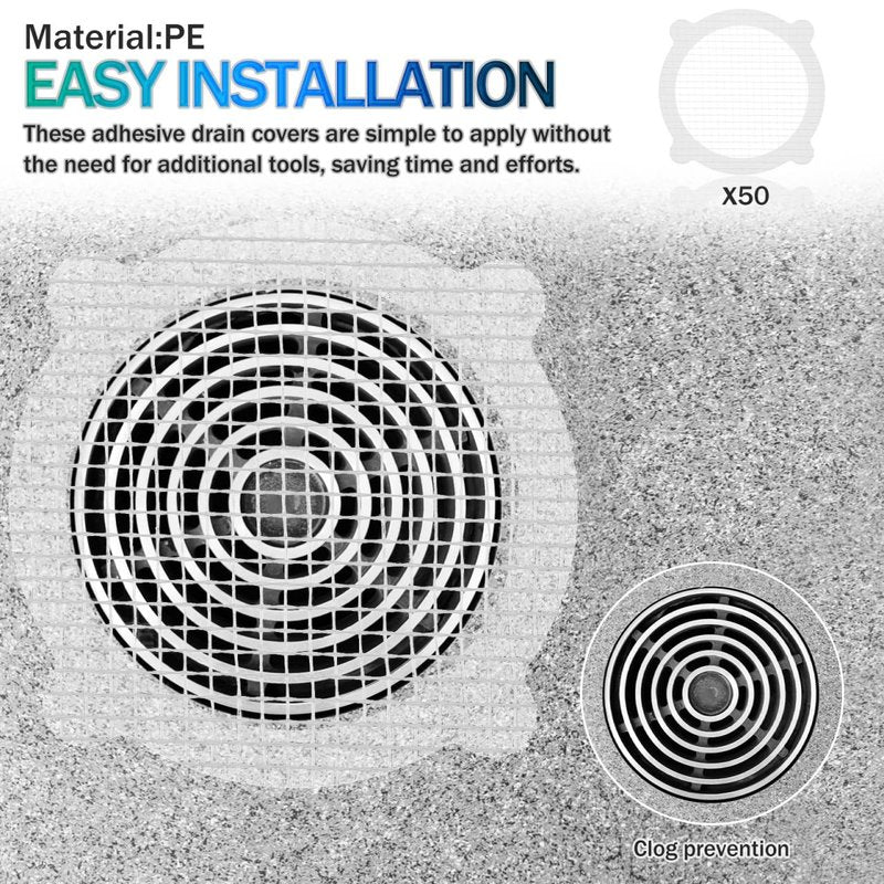 POPETPOP 50 Pcs Disposable Shower Drain Hair Catcher Mesh Stickers Round Adhesive Floor Drain Covers for Bathroom and Kitchen Hair Stopper